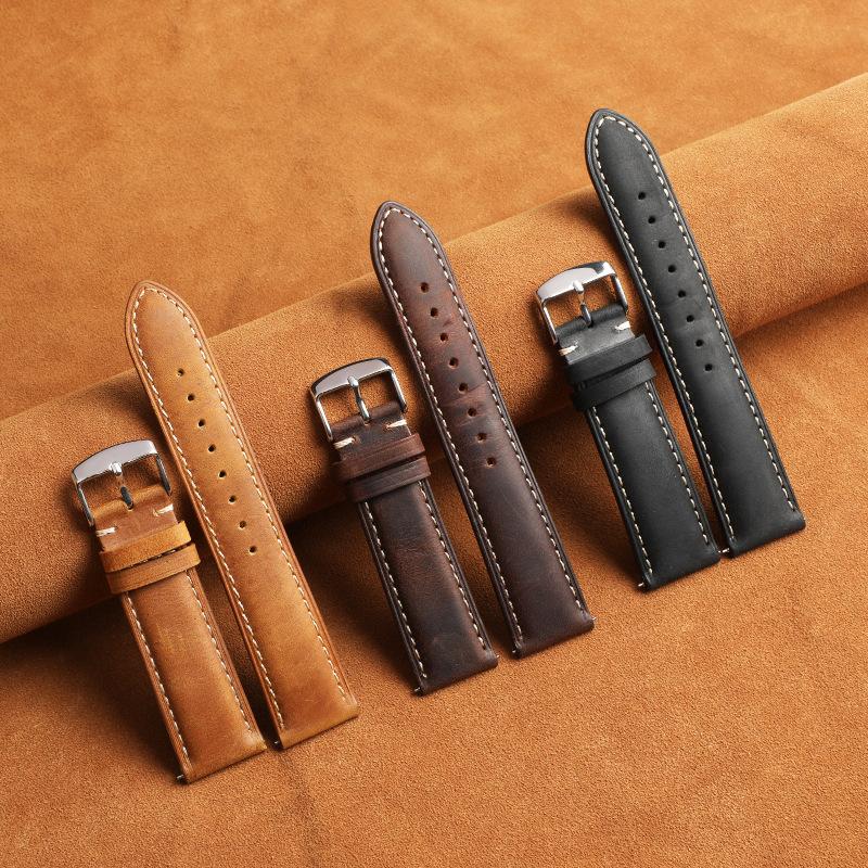 Crazy Horse First Layer Cowhide Strap Men's and Women's Leather Universal Quick-release Ear for 14/16/18/20/22/24 M
