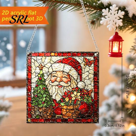 Wall Hanging Festive Art Colorful Acrylic Suncatcher, Stained Glass Style Christmas Ornaments, Santa Claus Cute Cat Ornaments Snowman Pattern