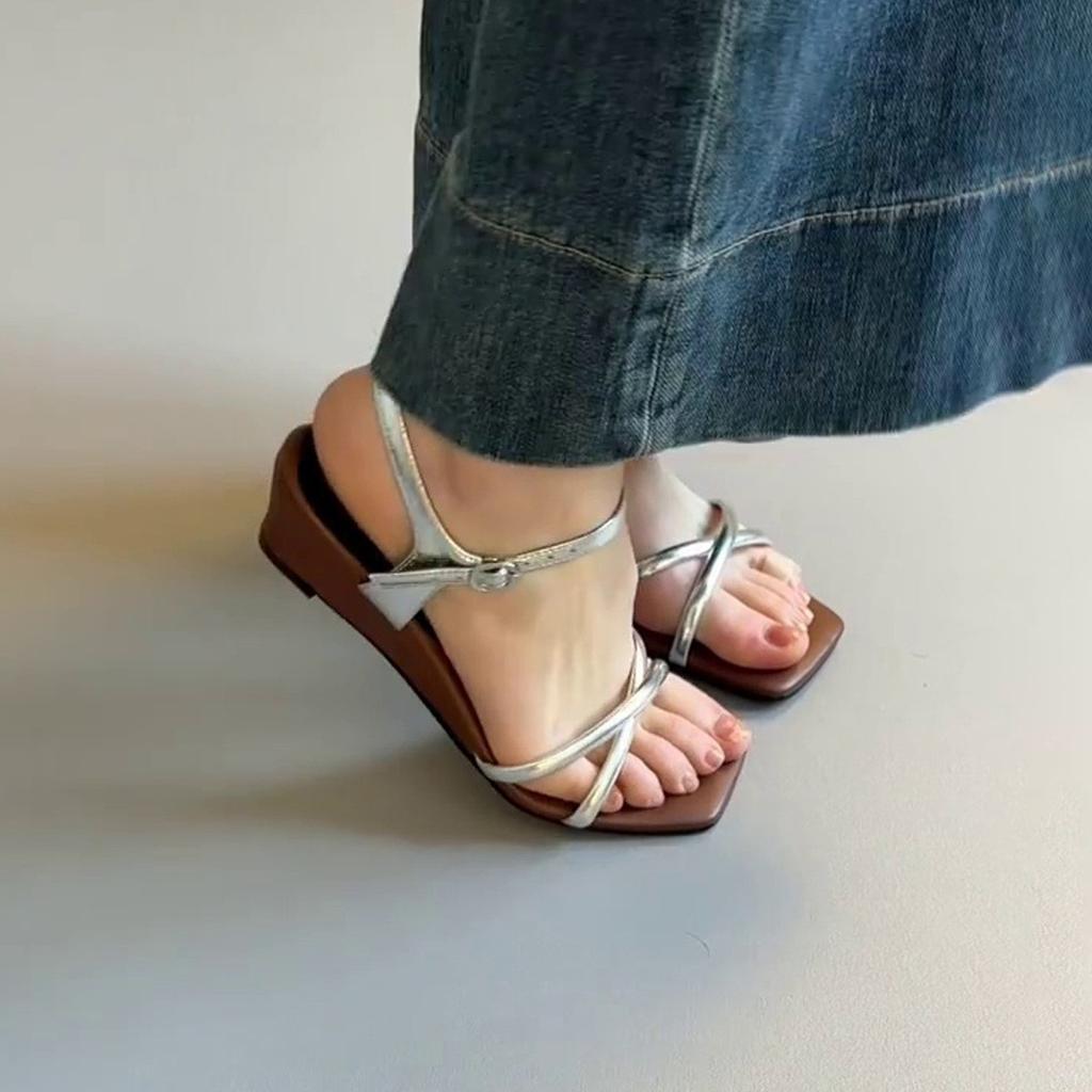 Thick-soled wedge heel with square head sandals women's versatile open-toed skirt retro casual shoes