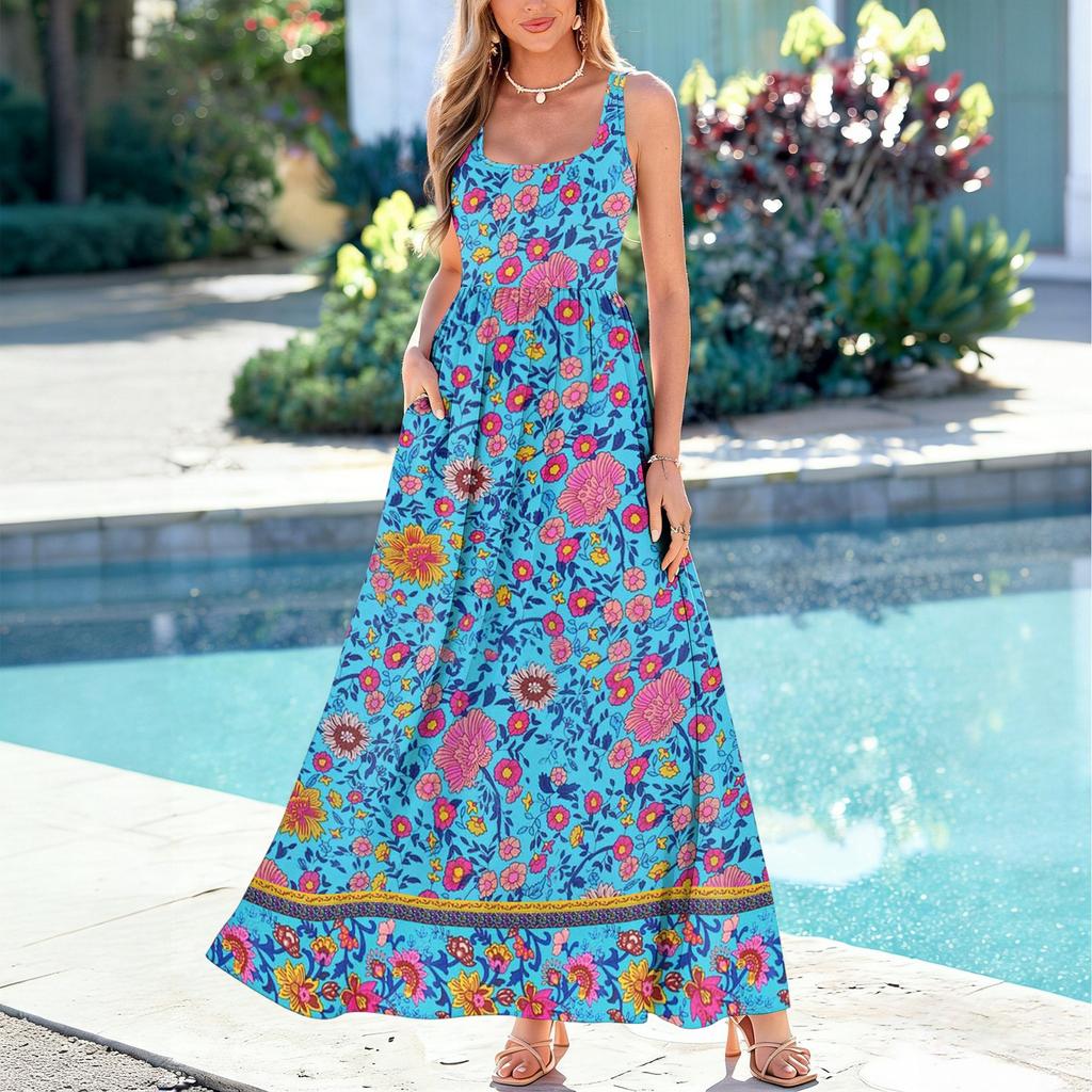 Ladies' floral print summer casual and fashionable sleeveless long dress