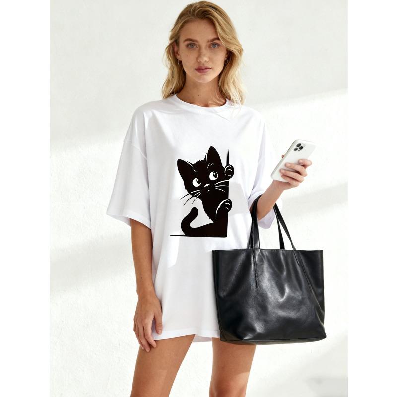 Black Oversized T Shirt With Cute Cat Print For Casual Wear And Everyday Style