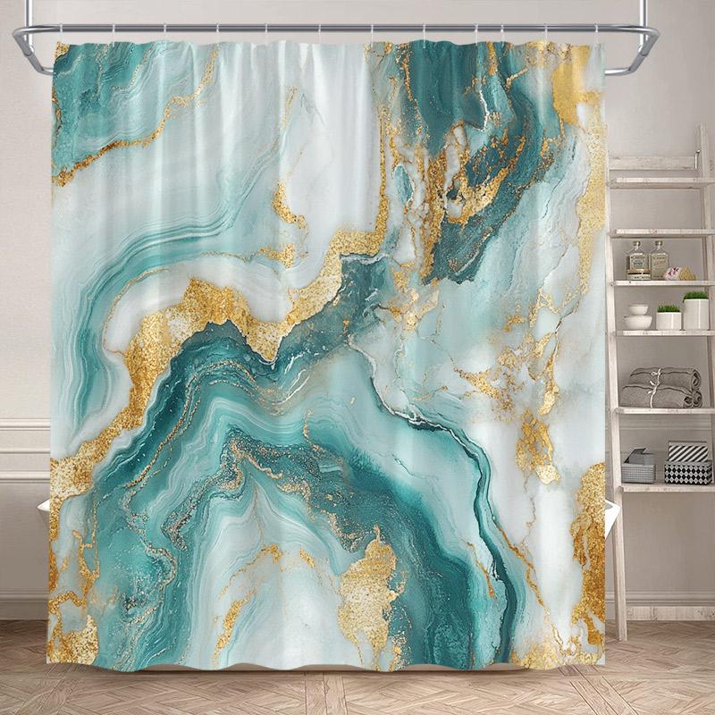Abstrakcyjne Marmurowe Zasłony Prysznicowe Czarne Zielone Teksturowane Złote Spękanie Nowoczesny Geometryczny Wzór Zestaw Dekoracji Zasłony Łazienkowej z Haczykami
