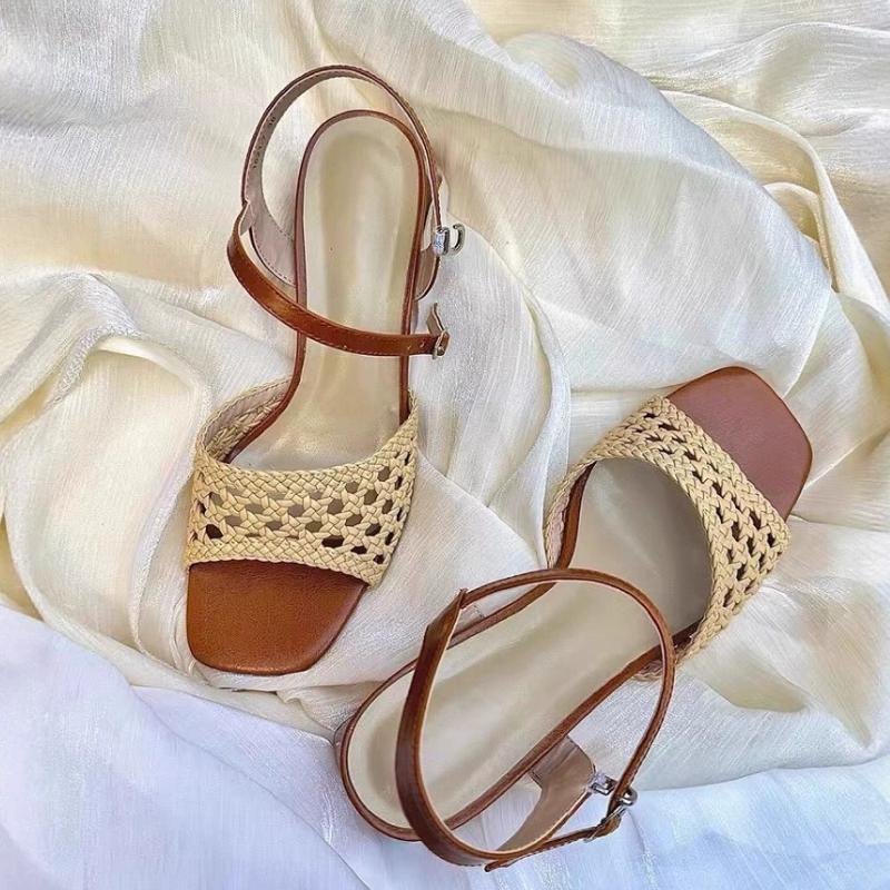 Fashion Fashion Handmade Woven High Heel Sandals Women Retro Ankle Strap Bow Buckle Brand Designer Shoes Cozy Breathable Dresses Dresses