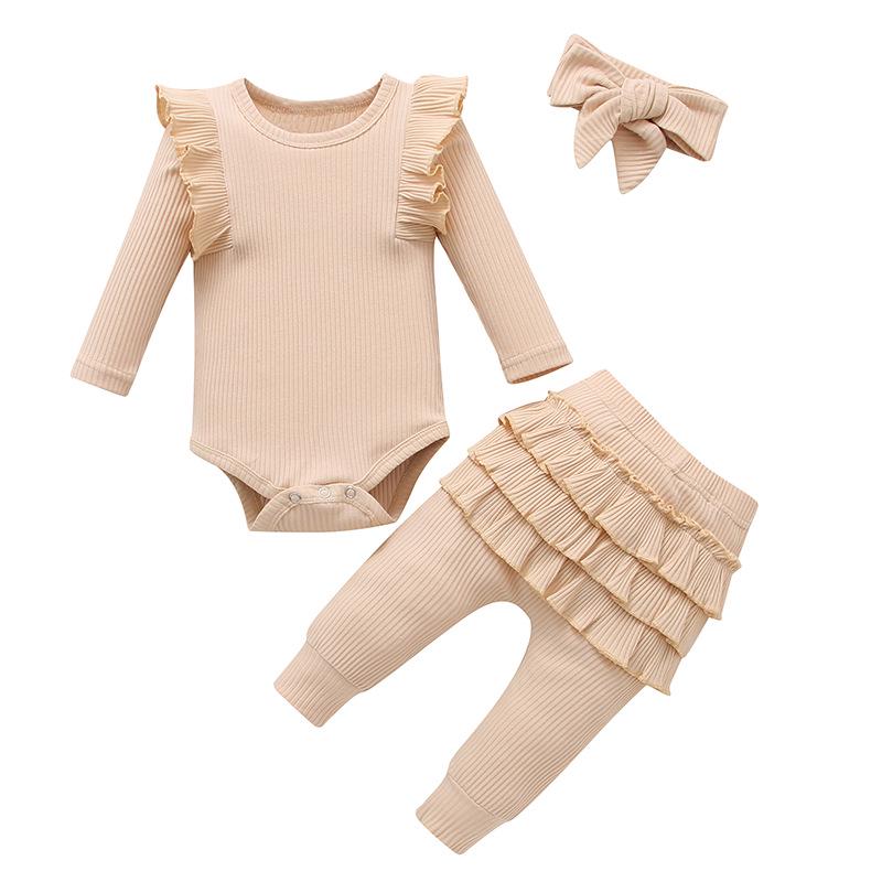 Autumn 2023 Baby Girl Ribbed Ruffle Bodysuit & Pants Set with Bow