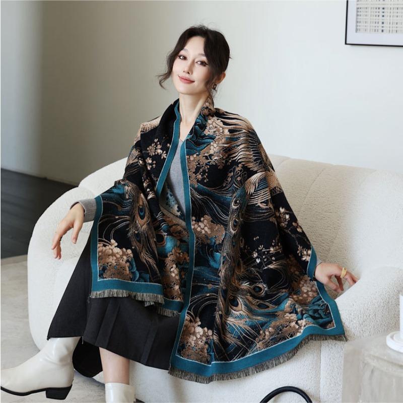 

Autumn and winter new scarf female peacock oil painting imitation cashmere shawl versatile fashion thickened warm shawl scarf 190cm
