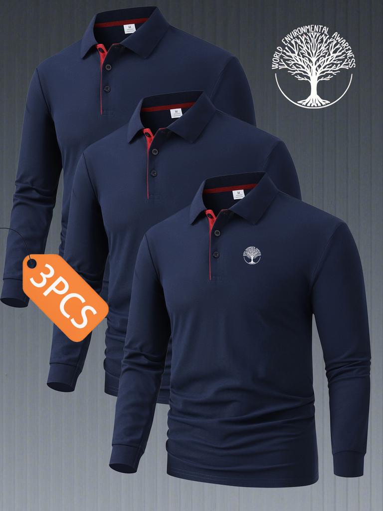 3Pcs Mens Solid Color Polo Shirts, Short Sleeve Lapel Tees, Breathable Comfort Tops for Everyday Leisure