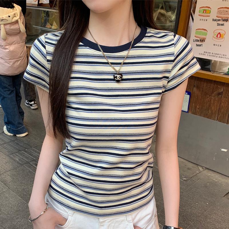 Women's Summer 2025 Popular Striped Short Sleeve T-shirt | Unique & Stylish Straight Shoulder Design