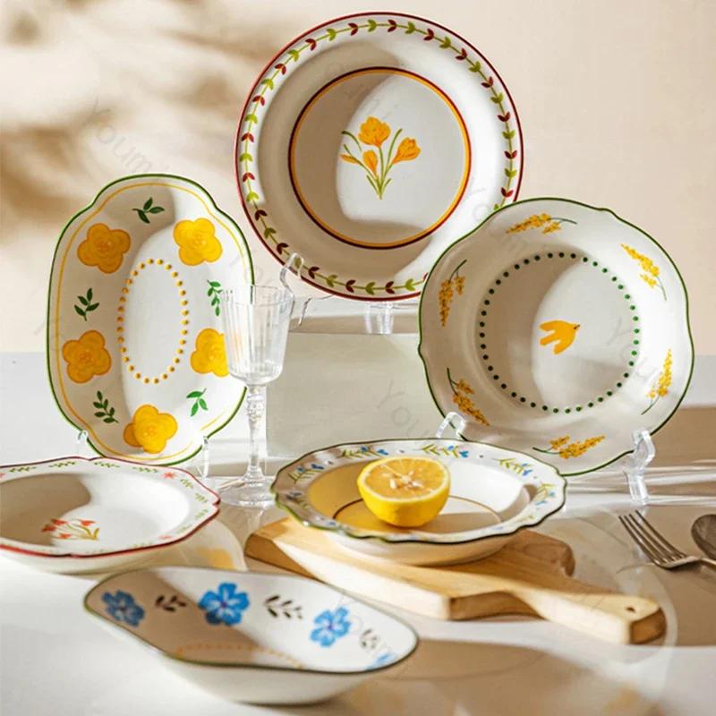 Light Luxury Flowers Ceramic Plates High End Restaurant Salad Dessert Plate Delicious Dishes Dining Plates Unique Home Tableware