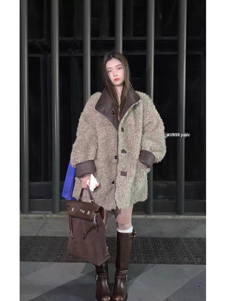 HEYGIR Black Double-Sided Leather Fur Motorcycle Jacket: Women's Winter Warm Loose Fit.