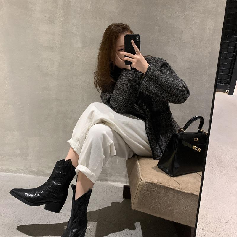 [] Asian Babes~ Retro Pointed V-mouth Thick Heel Pleated Western Cowboy Boots Women's Short Boots