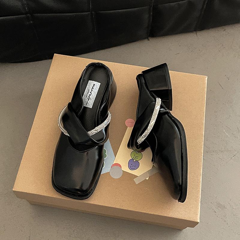 Thick heel bag head cool slippers new fashion with skirt wedge half slippers summer outer wear leather shoes 35 4738₽