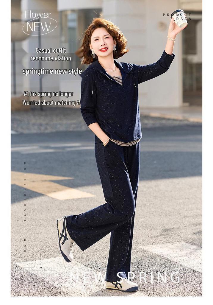 Elegant Spring Suit: Hoodie and Wide-Leg Trousers Set for Petite and Middle-Aged Women