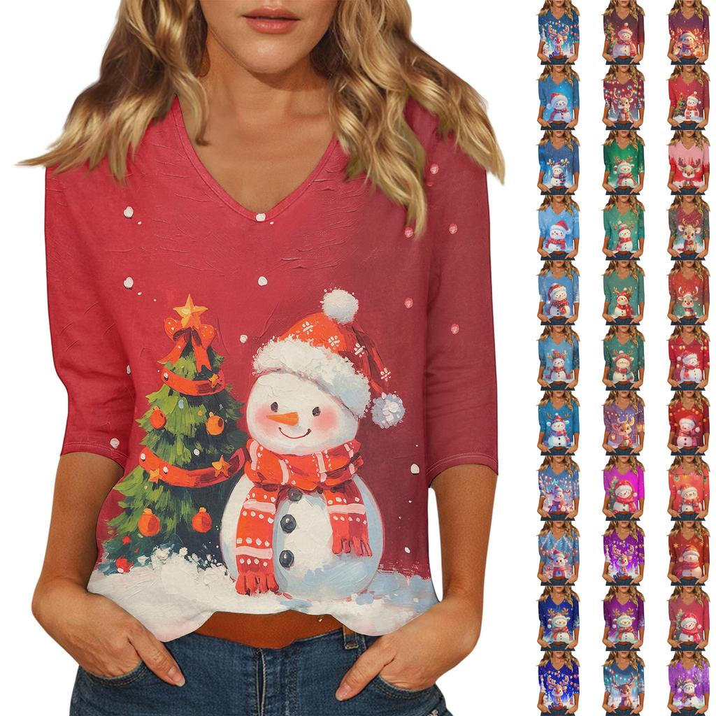 Ladies' Christmas Printed Fashionable Casual Seven Quarter Sleeved V-neck Top