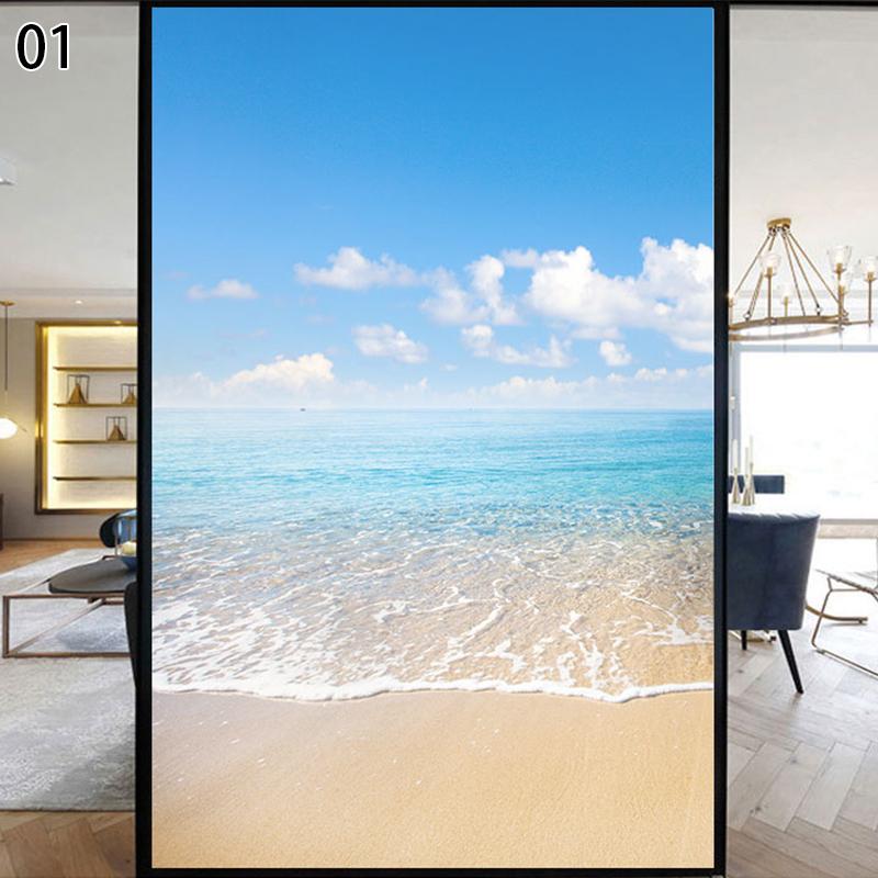Морской закат Пейзаж Узор Конфиденциальность Оконная пленка Статические клеи Матовая стеклянная пленка Пляж Океан Пейзаж Витраж Наклейка 45x90cm
