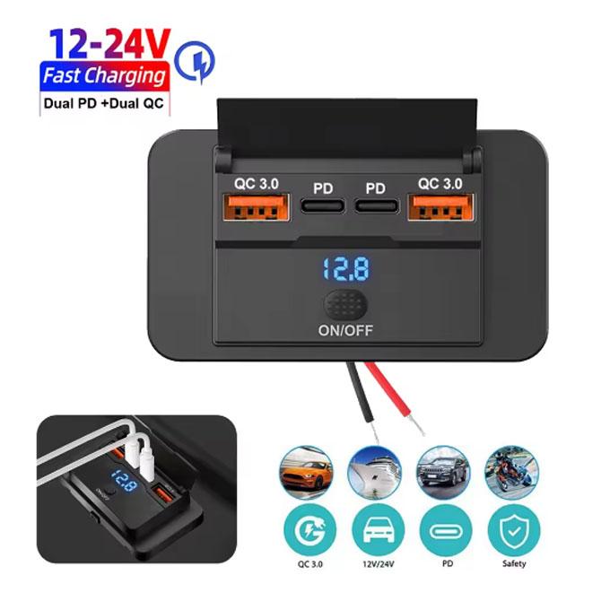

Автомобильное зарядное устройство 96 Вт с двумя портами PD и двумя портами QC3.0 Type C USB, с переключателем, автомобильный адаптер для быстрой зарядки, розетка для 12 В/24 В, для легковых автомобилей, грузовиков, лодок, автобусов, автодомов