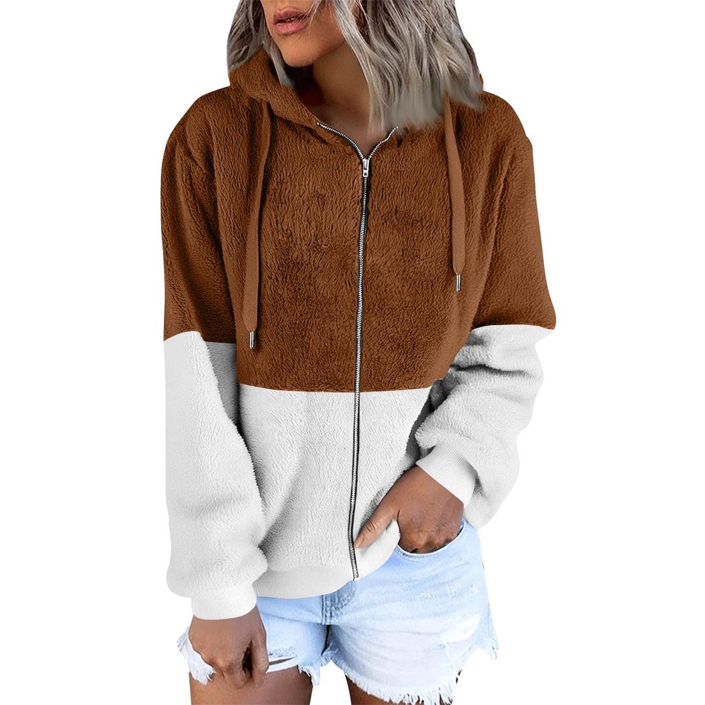 Women's Fashionable Warm Fleece Solid Color Hoodie Zipper Pocket Casual Jacket