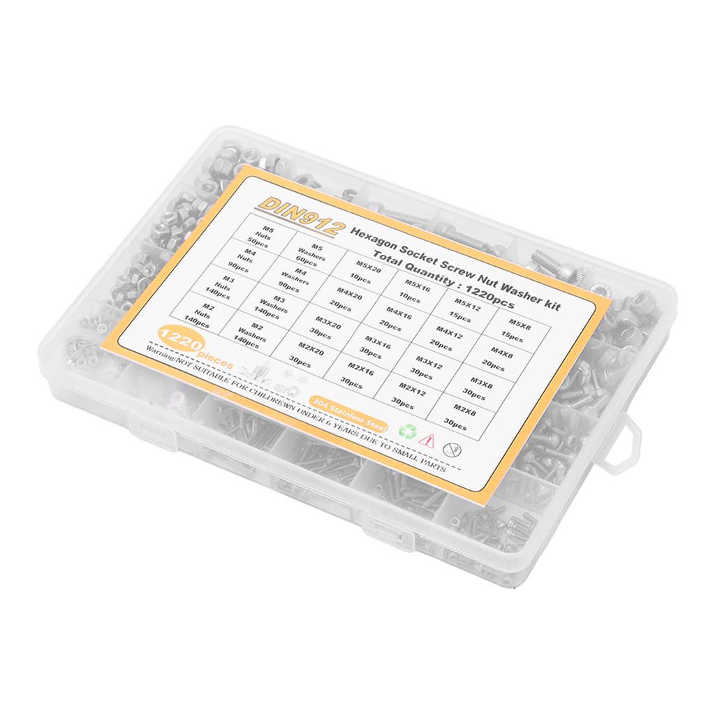 1220Pcs Screw Nut Washer Assortment M2 M3 M4 M5 Round Head Hex Socket Stainless Steel Fastener