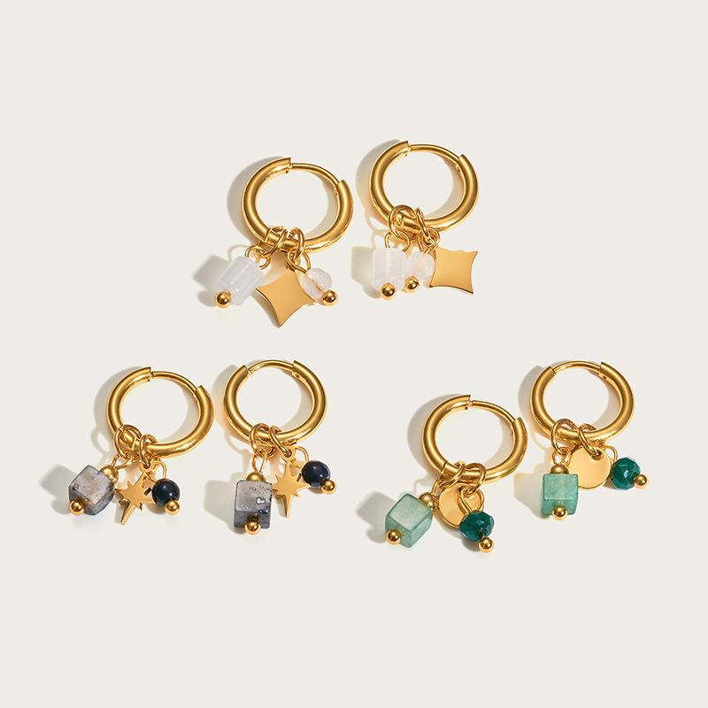 18K Gold Plated Stainless Steel Hoop Earrings for Women Vintage Green Natural Stone Charms Trendy Waterproof Jewelry