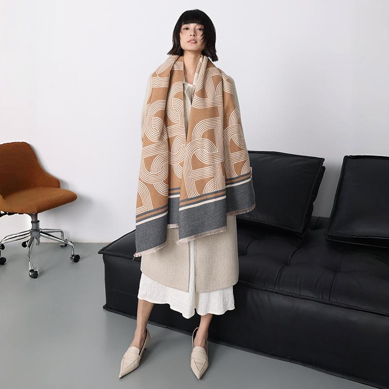 Wind Autumn And Winter Geometric Shawl Temperament Imitation Cashmere Scarf Women'S Double-Sided Printing Warm Outer Scarf