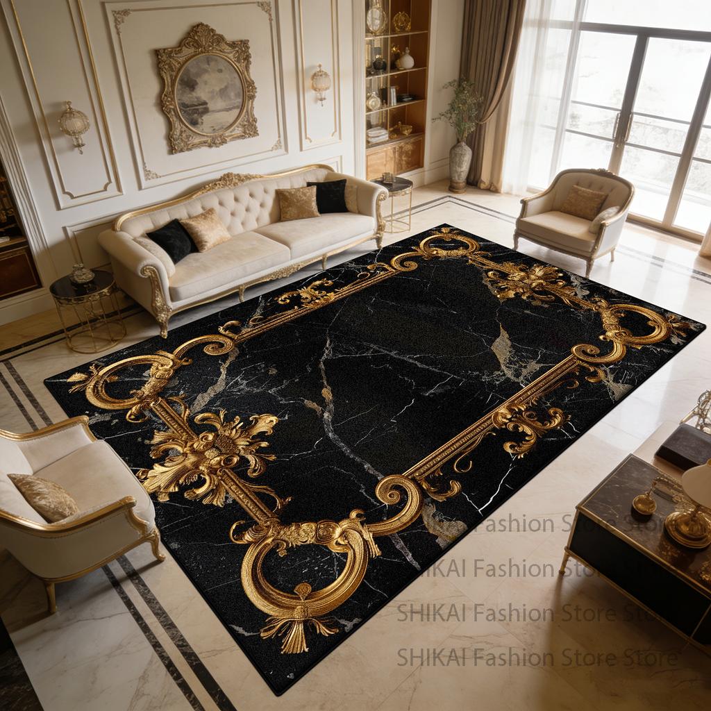 Black Marble Golden Light Luxury Soft Living Room Rug Decoration Courtyard Antiskid Fluffy Carpet Easy Clean Foldable Floor Mats