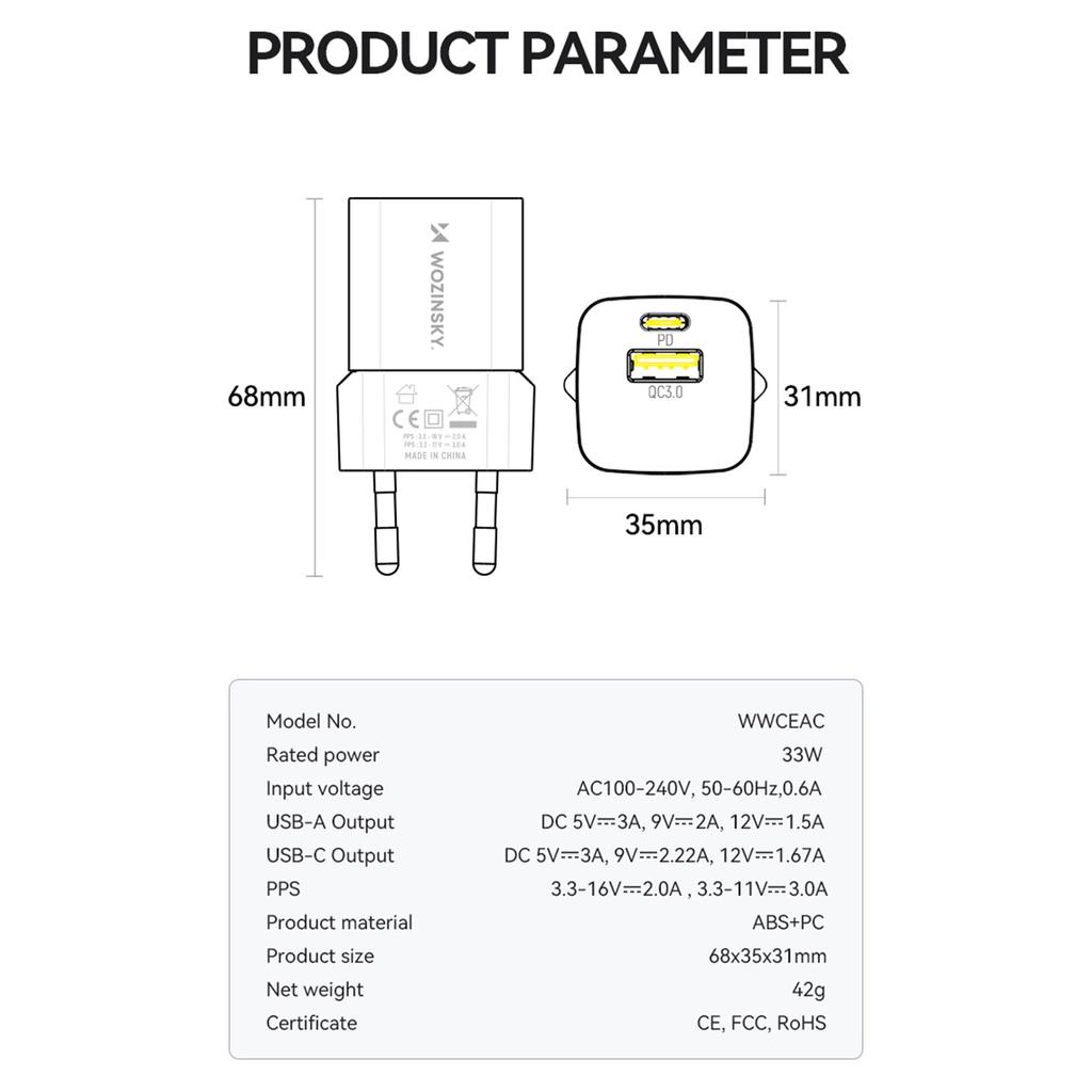 Ładowarka Sieciowa Wozinsky Wwceac Gan Usb-A Usb-C 33W - Biała