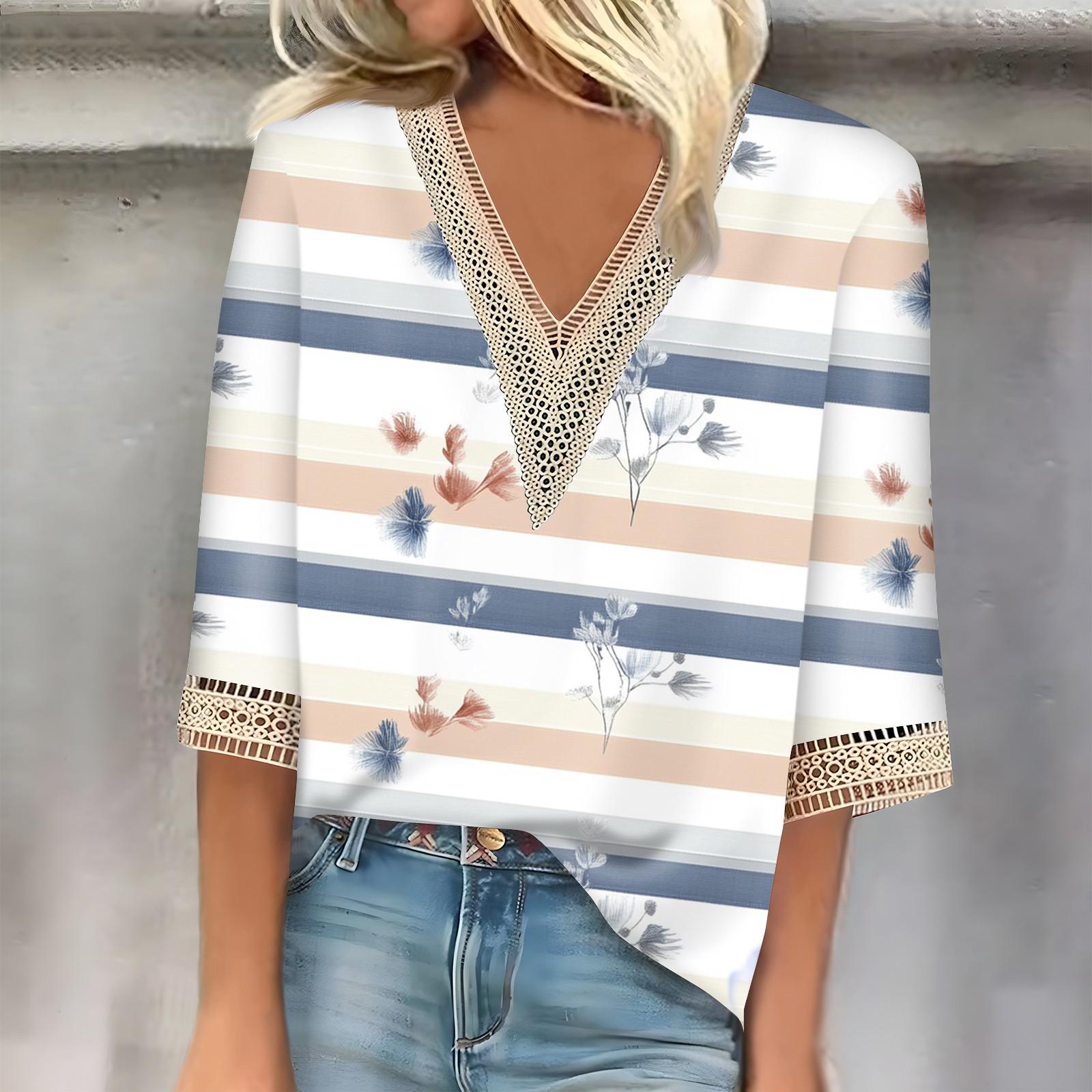 

Женская мода повседневный кружевной топ с рукавом 7/10 и V-образным вырезом с цветочным принтом XL белый