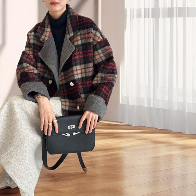 Empress Dowager Cixi Women's Double-Sided Cashmere Scarf Coat - Plaid Wool Outerwear for Autumn/Winter