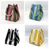 Women's Korean Style Striped Woven Bucket Bag Fashion Fortune Handbag Knitted Tote Shoulder Bag for Vacation Beach Outings