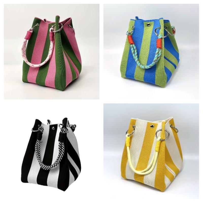Women's Korean Style Striped Woven Bucket Bag Fashion Fortune Handbag Knitted Tote Shoulder Bag for Vacation Beach Outings
