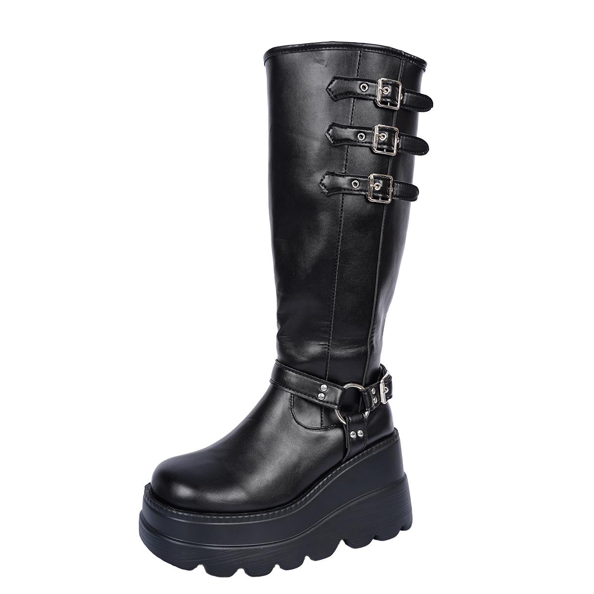 

Wedge Heel Tall Boots Winter New Round Toe Side Zipper Platform Metal Buckle Anti-Slip Wear-Resistant Boots 36 чёрный