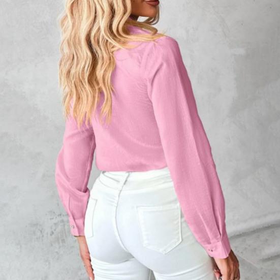 Women Shirt Lapel Long Sleeve Single Breasted Shirt Three-Dimensional Tops Solid Color Rhinestones Flowers Decor Shirt