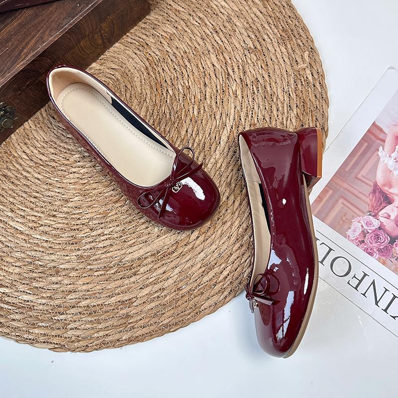 

Leather bow Mary Jane shoes summer new light luxury high-end fashion single shoes versatile women s shoes 35 вино красного