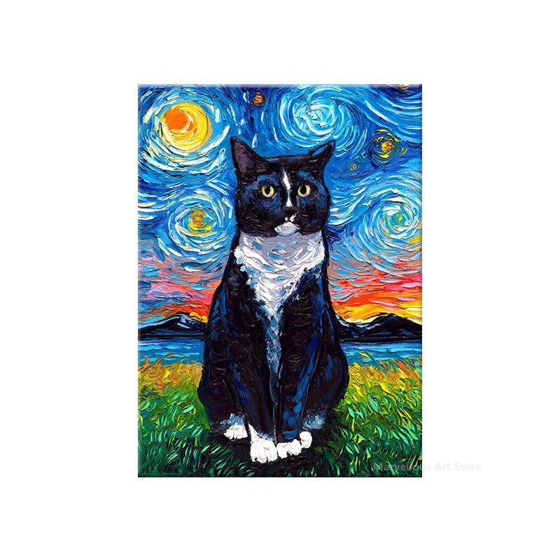 Sternennacht Katze Abstrakte Tier Poster und Drucke Vintage Leinwand Malerei Wand Kunst Bild für Wohnzimmer Korridor Wohnkultur