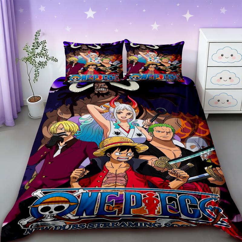 Duvet Cover One Piece Kids Cartoon Luffy Bedding Set with 2 Pillowcases Soft and Cozy Bedroom Bed Decor Teens Boys Best Gifts