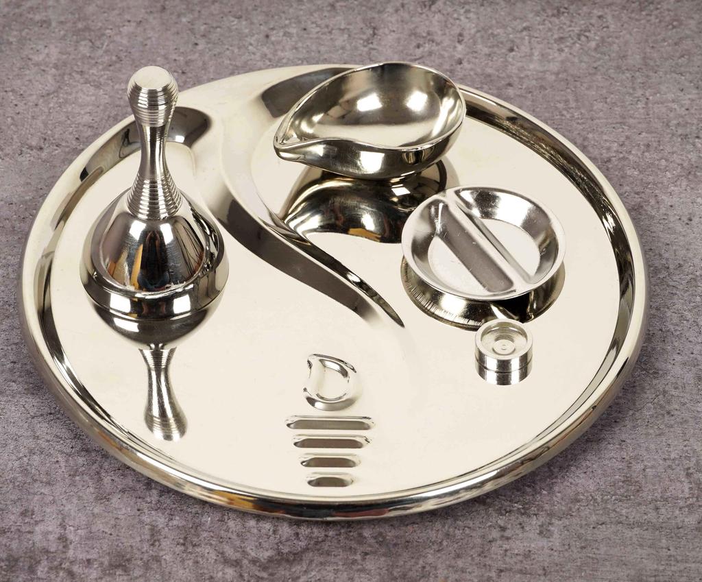IBA Indianbeautifulart Indian Decorative Puja Plate Stainless Steel Traditional Handcrafted Thali Set For Arti With Accessories Religious Spiritual