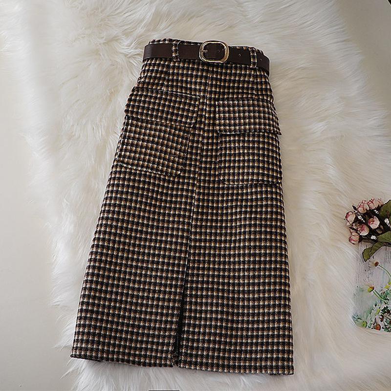 Falda a cuadros de lana para mujer, Faldas de longitud media con abertura y bolsillo de cintura alta, Faldas elegantes de un solo paso a la moda coreana para mujer