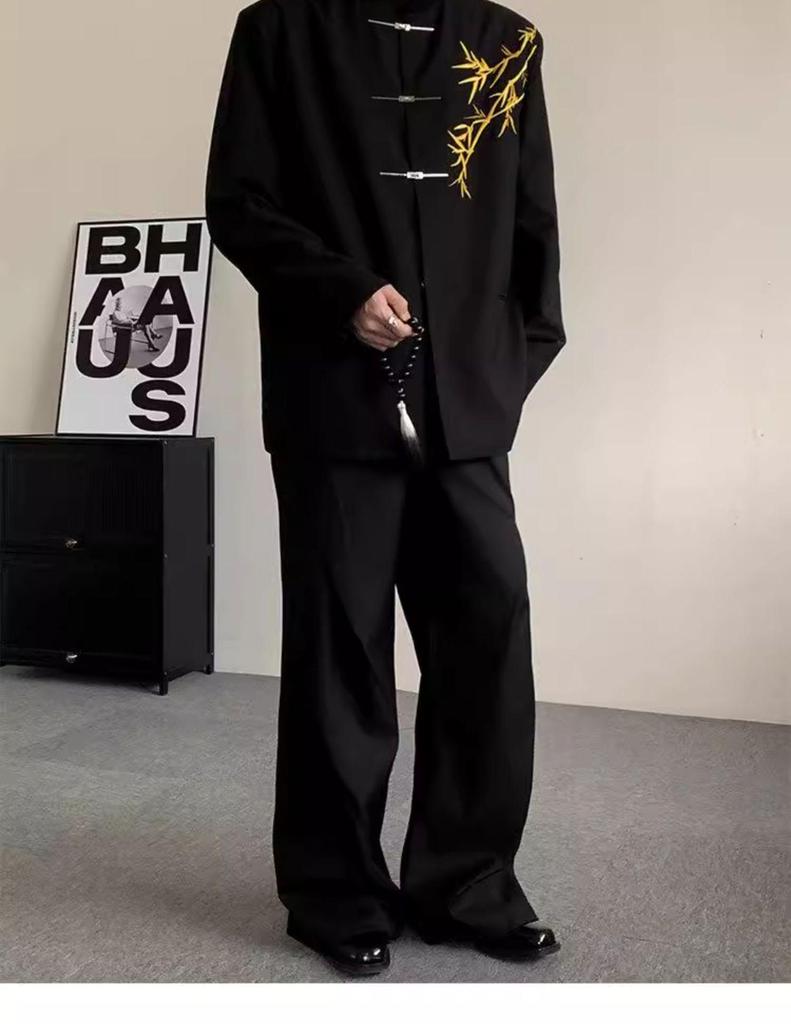 Men's Traditional Style Engagement Suit – Gold Bamboo Embroidered Zhongshan Outfit