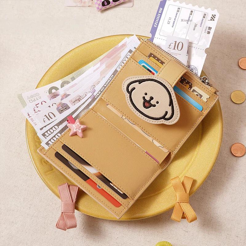 Toutou Cowhide Wallet, Card Holder with Multiple Card Slots, Coin Purse, Apricot Color