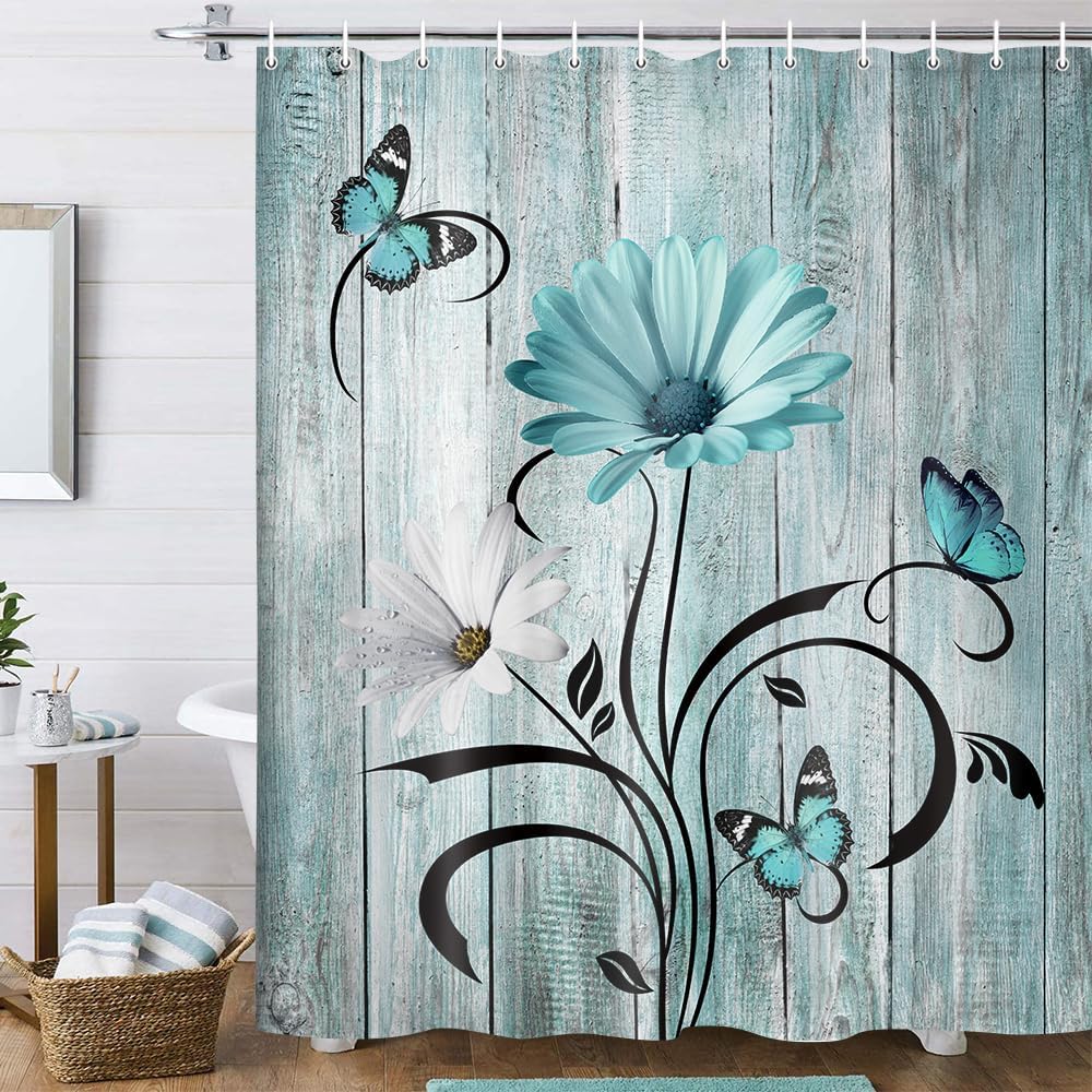 Rustic Farmhouse Orange Shower Curtain - Bible Verse Inspirational Country Farm Yellow Fall Daisy Flowers Butterfly Abstract