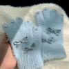 Kawaii Bow Women Winter Knitted Gloves Full Finger Knitted Knitting Wool Gloves Warm Gloves