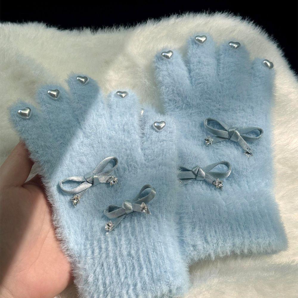 Kawaii Bow Women Winter Knitted Gloves Full Finger Knitted Knitting Wool Gloves Warm Gloves