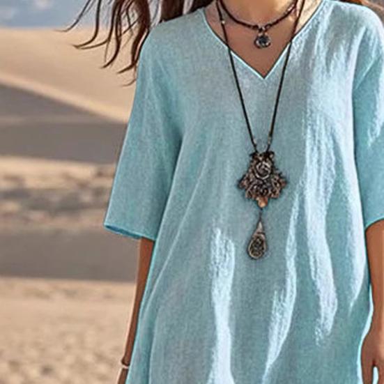 Damen Boho Patchwork Lockeres Kleid Lässiges V-Ausschnitt Kurzarm Swing Kleid Sommer Strandurlaub Sommerkleid