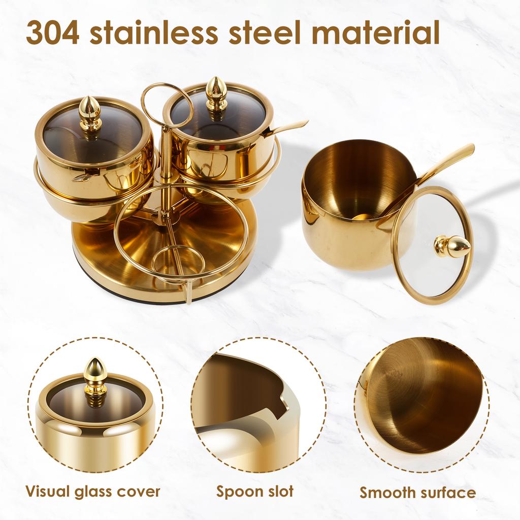 Stainless Steel Sugar Bowl Set with Lid Spoon Holder for Serving Sugar Pepper Salt Spice Small Condiment Container Kitchen Tools