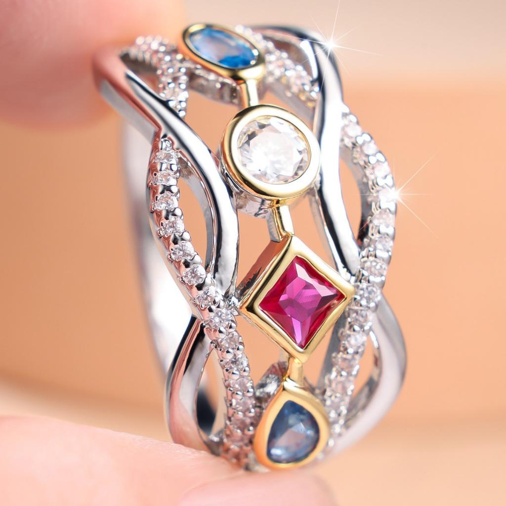 European and American Style, Multi-colored, Hollowed-out Ring with Cubic Zirconia Retro Palace-style Ring Featuring Gold and Silver Accents and a