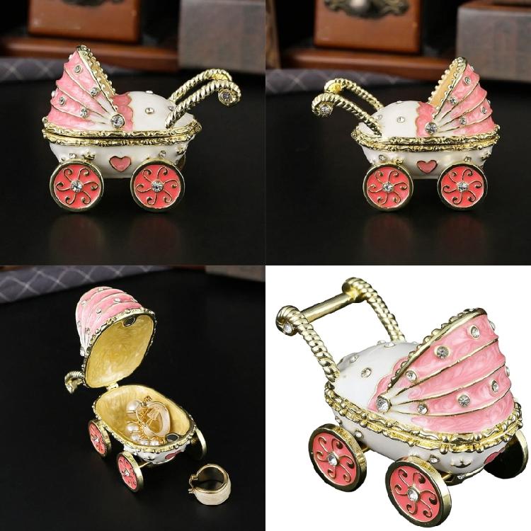 Enamel Coated Rhinestones Studded Metal Jewelry Box Baby Carriage Storage Container for Jewelry Organization