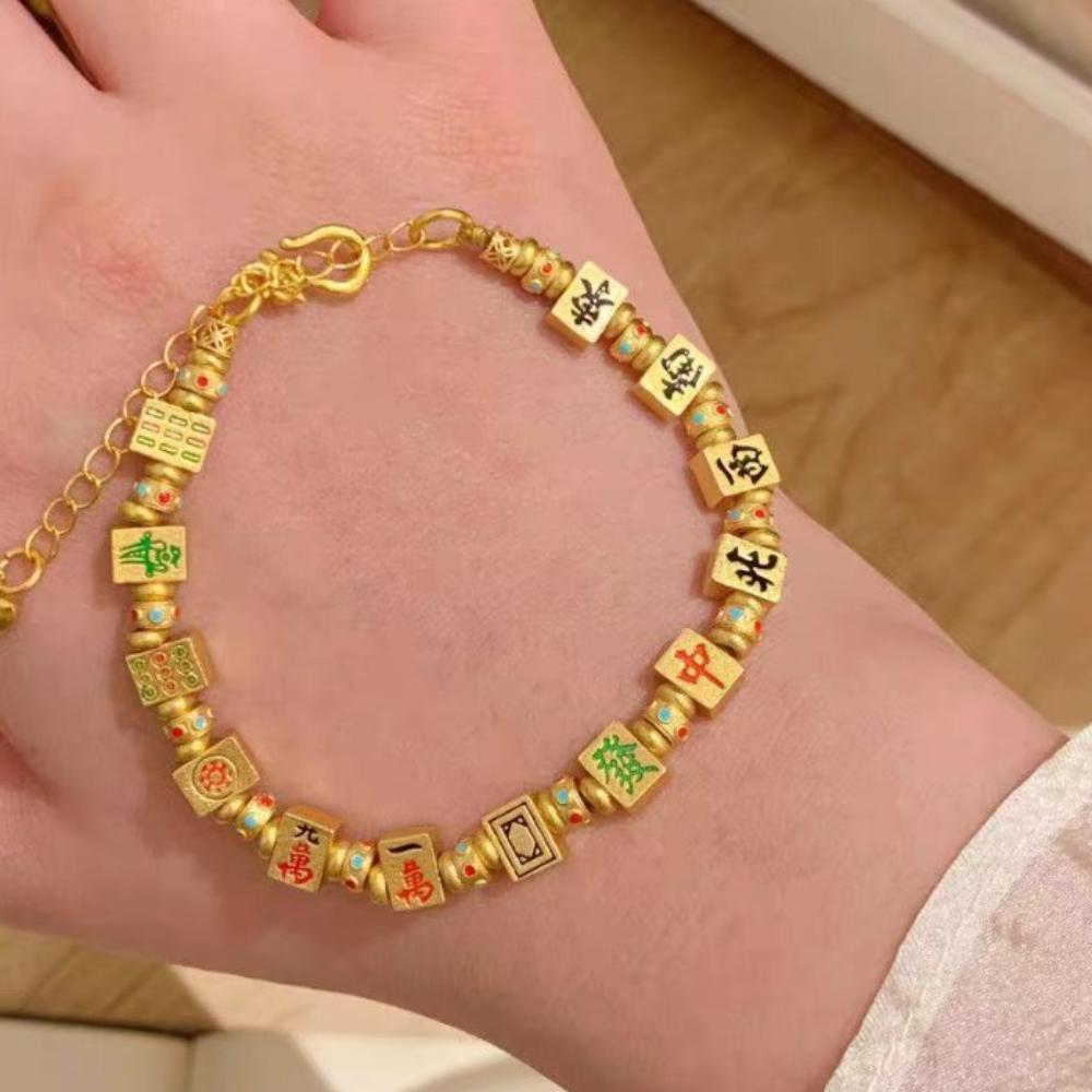 Chinese Character Golden Mahjong Bracelet Hand Jewelry Bohemian Style Bangle  Hipster