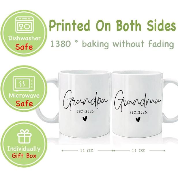 EST 2025 Grandpa Grandma Mugs Set Gifts for New Grandparents, EST 2025 First Time Grandpa Grandma Gift, Valentine Pregnancy Reveal Announcement Mug