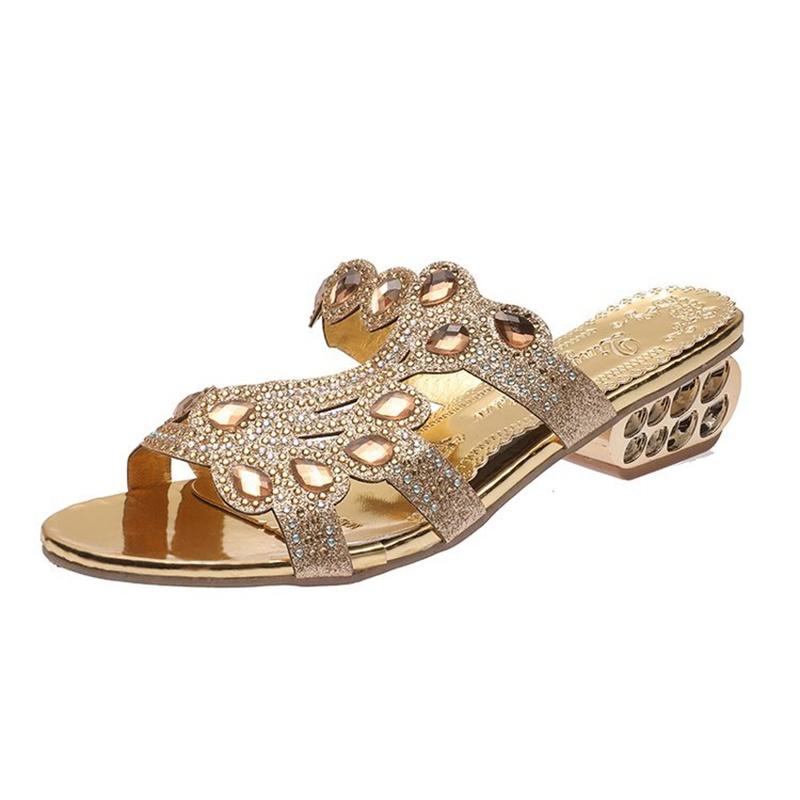 Summer New 2025 Rhinestone Slippers Ladies Chunky Heels Hollow Anti-slip Casual Slippers Fashion Beach Flip Flop Sandals