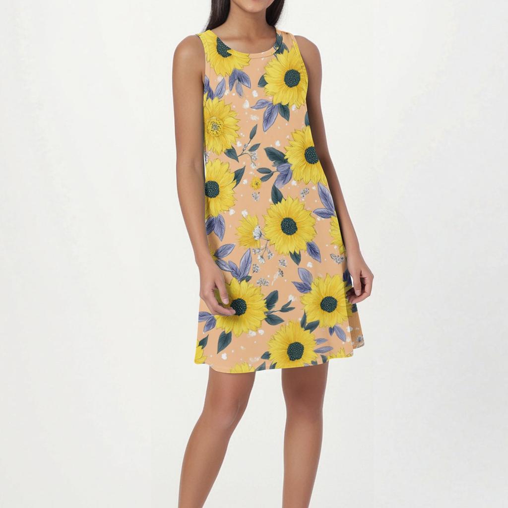 Robe de plage tendance pour femme, sans manches, col rond, imprimé floral