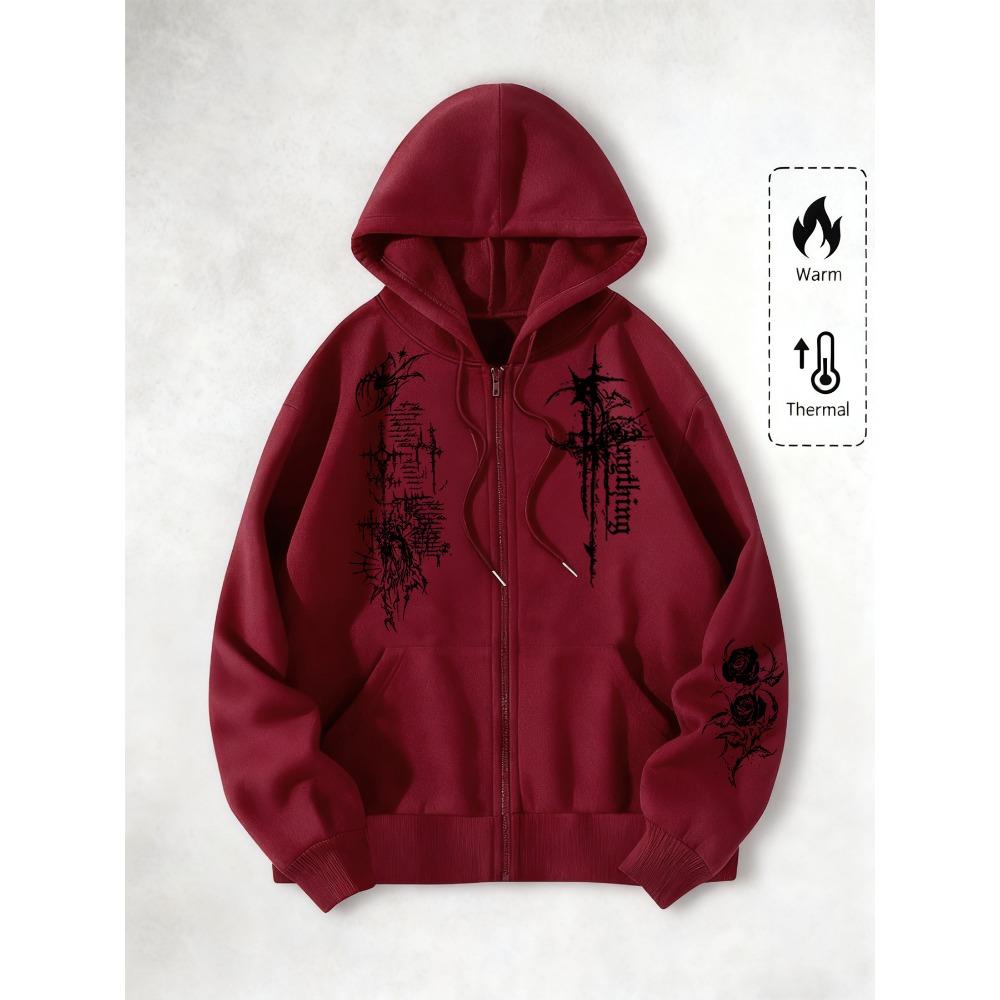 College Thorns & Roses Originele Print Rits Hoodie, Mode Street Trend Rits Hoodie voor Casual Gelegenheden